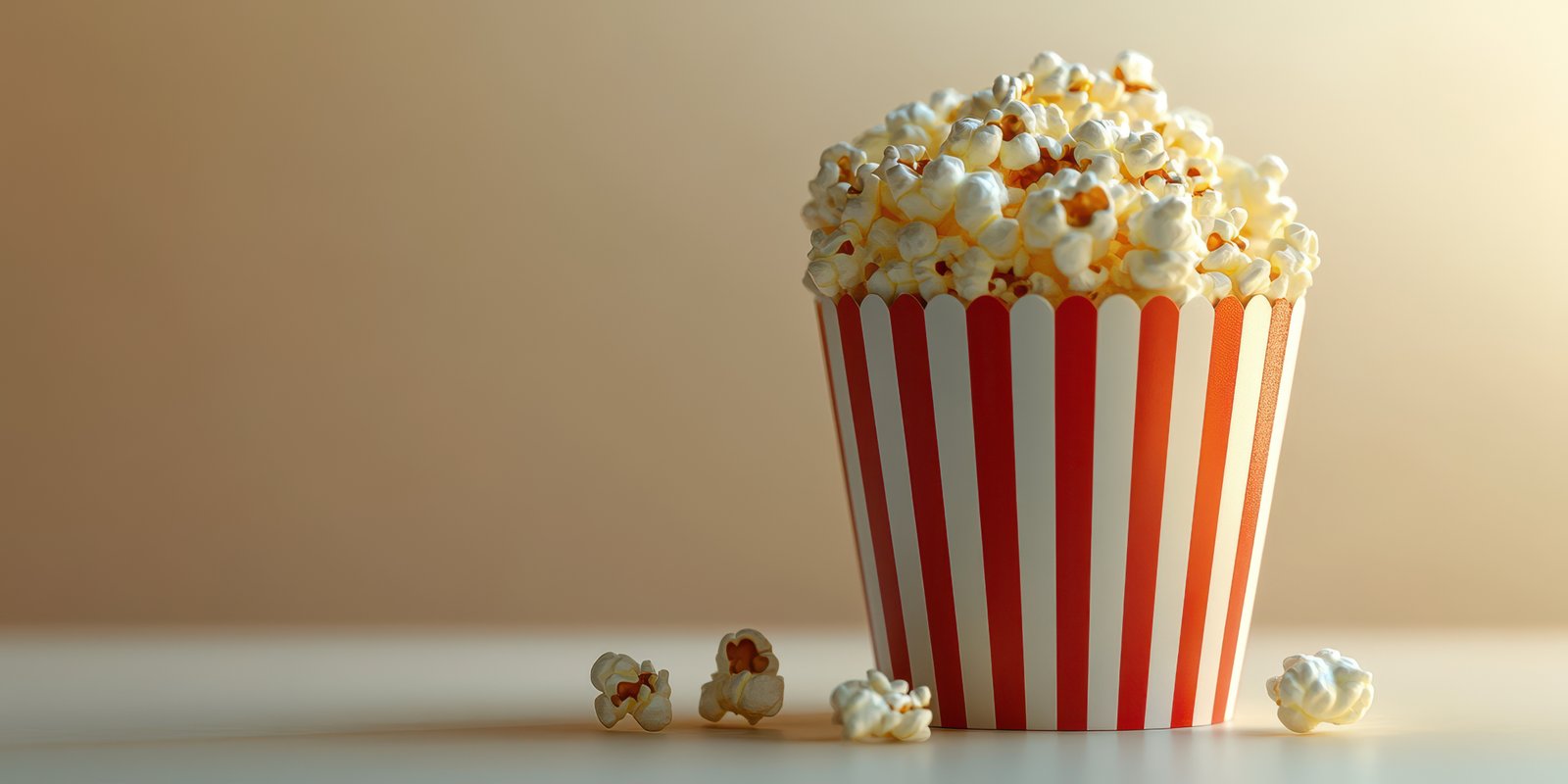 Enjoying delicious popcorn in a classic red and white striped container on a table